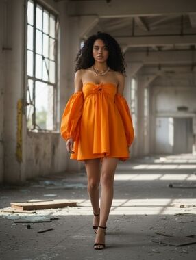 For Love & Lemons Saint Lucia Mini Dress Size Medium Puff Balloon Sleeve Orange